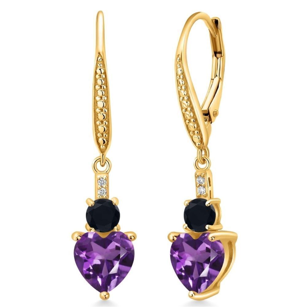 18K Yellow Gold with 2.27 Cttw Amethyst andβBlack Onyx Heart Leverback Earrings